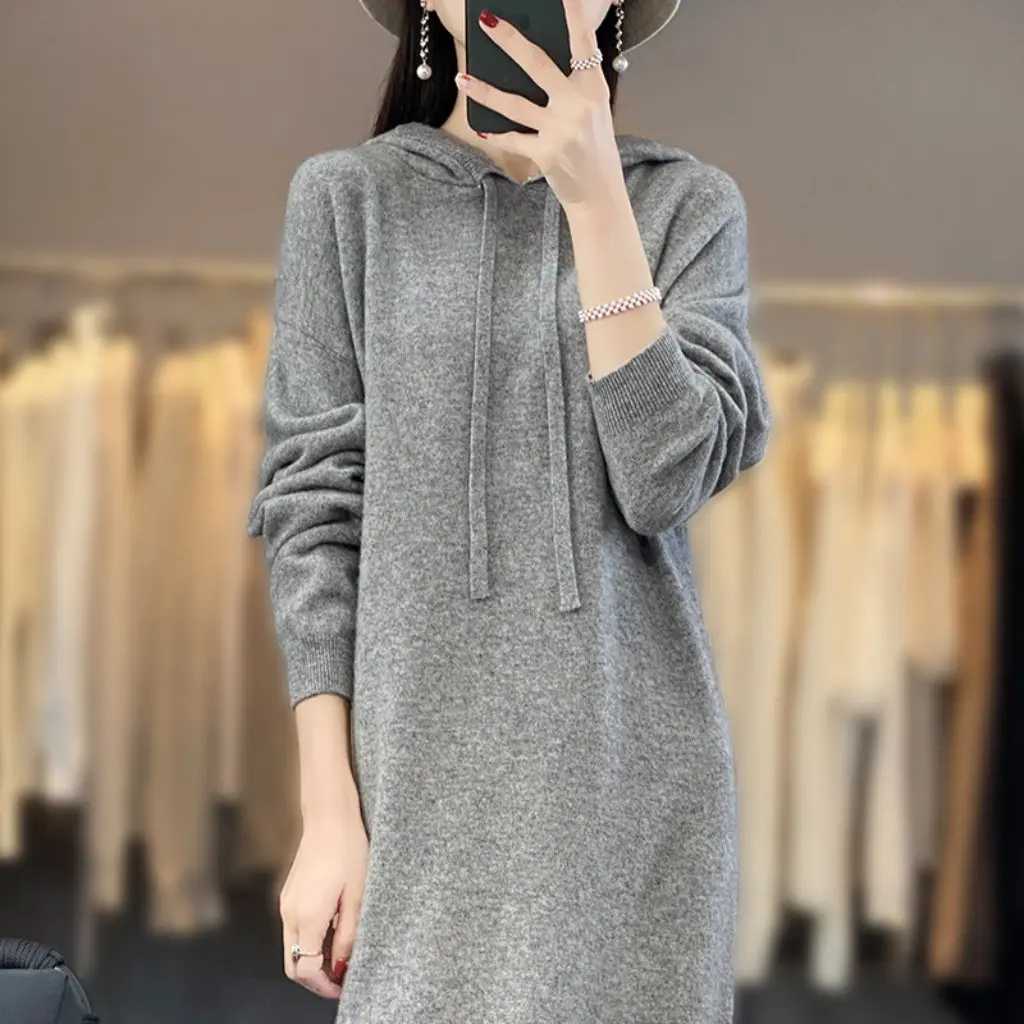 

Women's 100% Wool Hooded Knitted Dress Over-the-Knee Long Casual Pullover Simple Autumn Winter Fashion plus Size