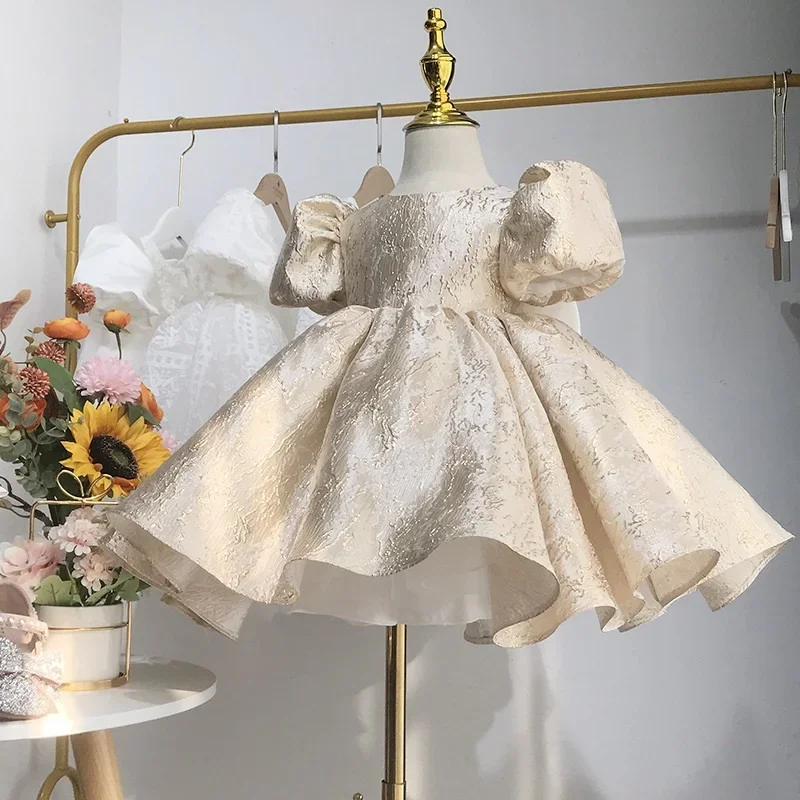 

Baby Girl Princess Dress Puff Sleeve Infant Toddler Teen Bow Vestido Gold Party Birthday Ball Gown Xmas Baby Clothes 1-14Y