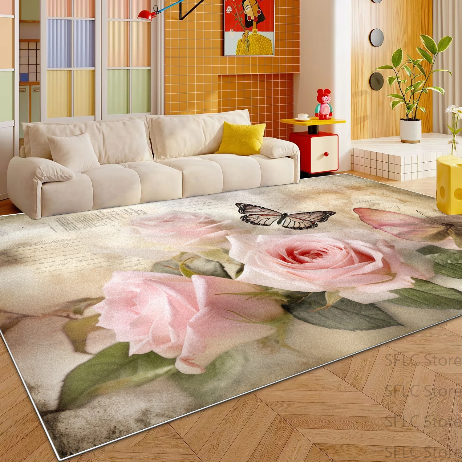 Pastoral Style 3D Rose Living Room Sofa Carpet Antiskid Washable Decoration Bedroom Bedside Mat Soft Easy Clean Study Area Rug