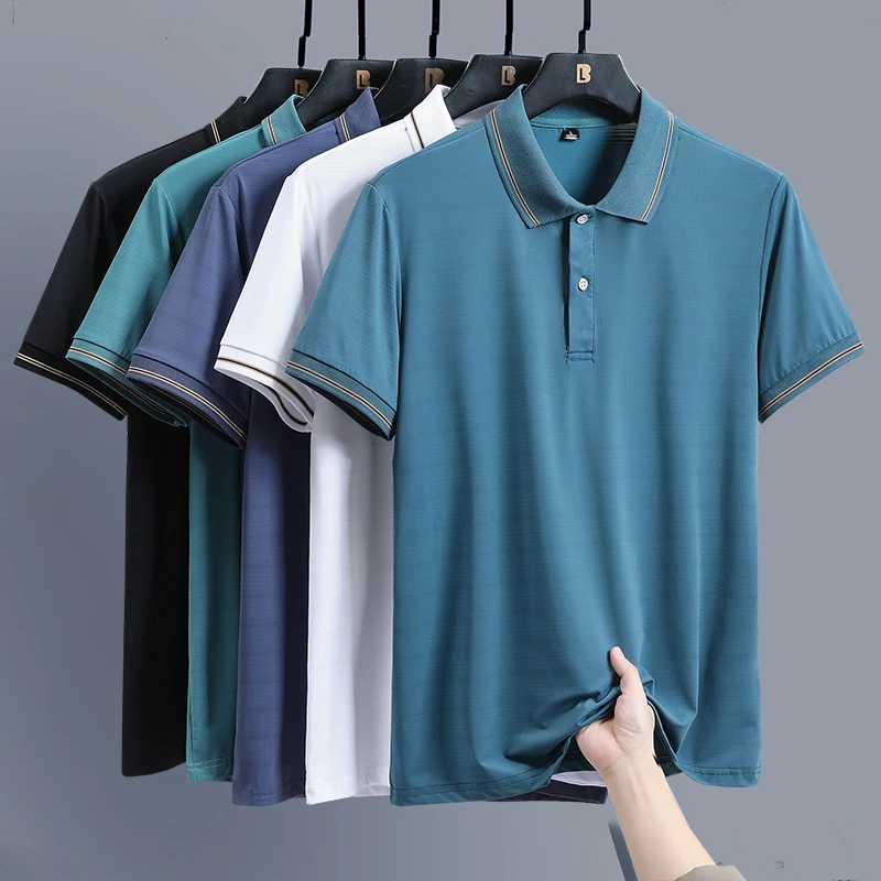

Summer Men's Polo Shirts Turn-down Collar Short Sleeve Striped Ice Cotton Solid Color Button Daily Commute Business Casual Tops