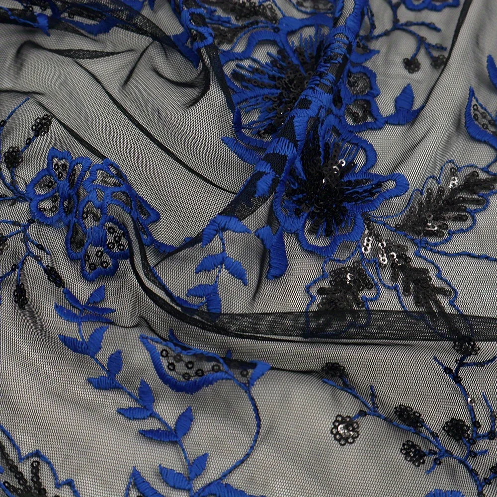 2 Yards Heavy Embroidery Black Base Royal Blue Jacquard Sequin Delicate Mesh Organza Fabric for High-end Dresses