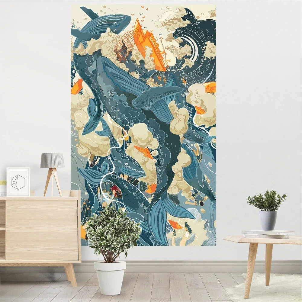 

Whale And Boat Meme Tapestry Sea Wave Printed Walling Cloth Elegant Art Yoga Mat Aesthetic Room Decor