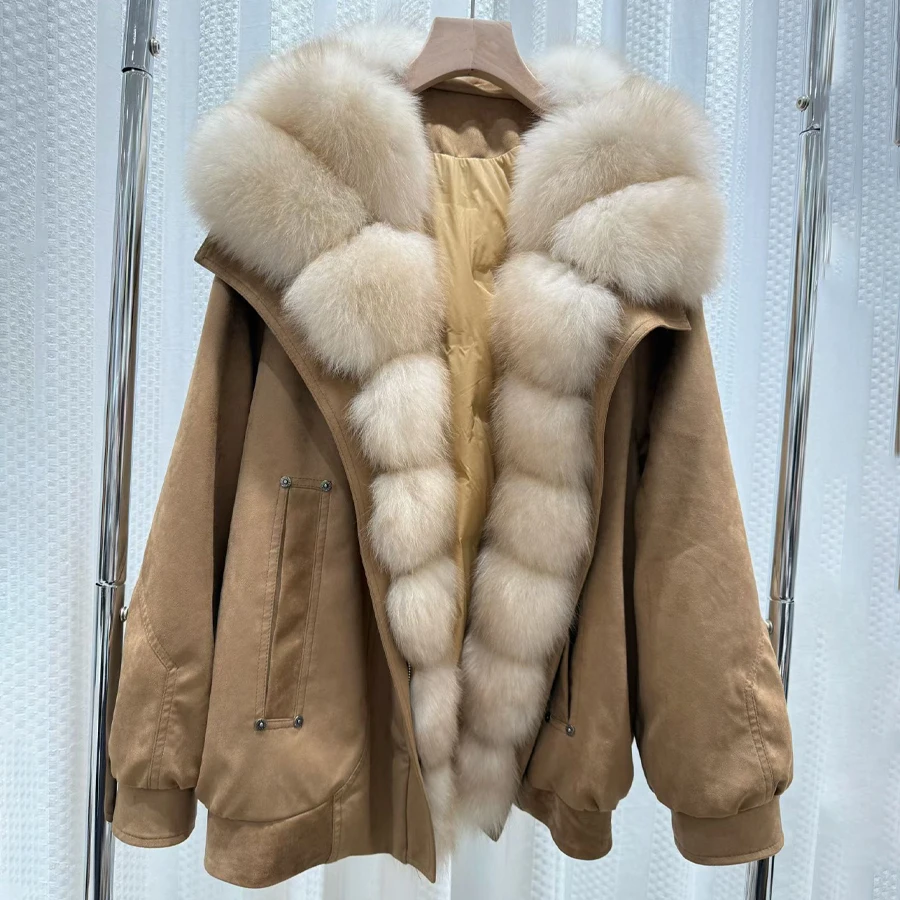 Damen Winterjacke Echte Fuchspelzjacke Natürliches Fuchspelz Flauschige Jacke Luxusmarken Kurze Echtpelzjacke