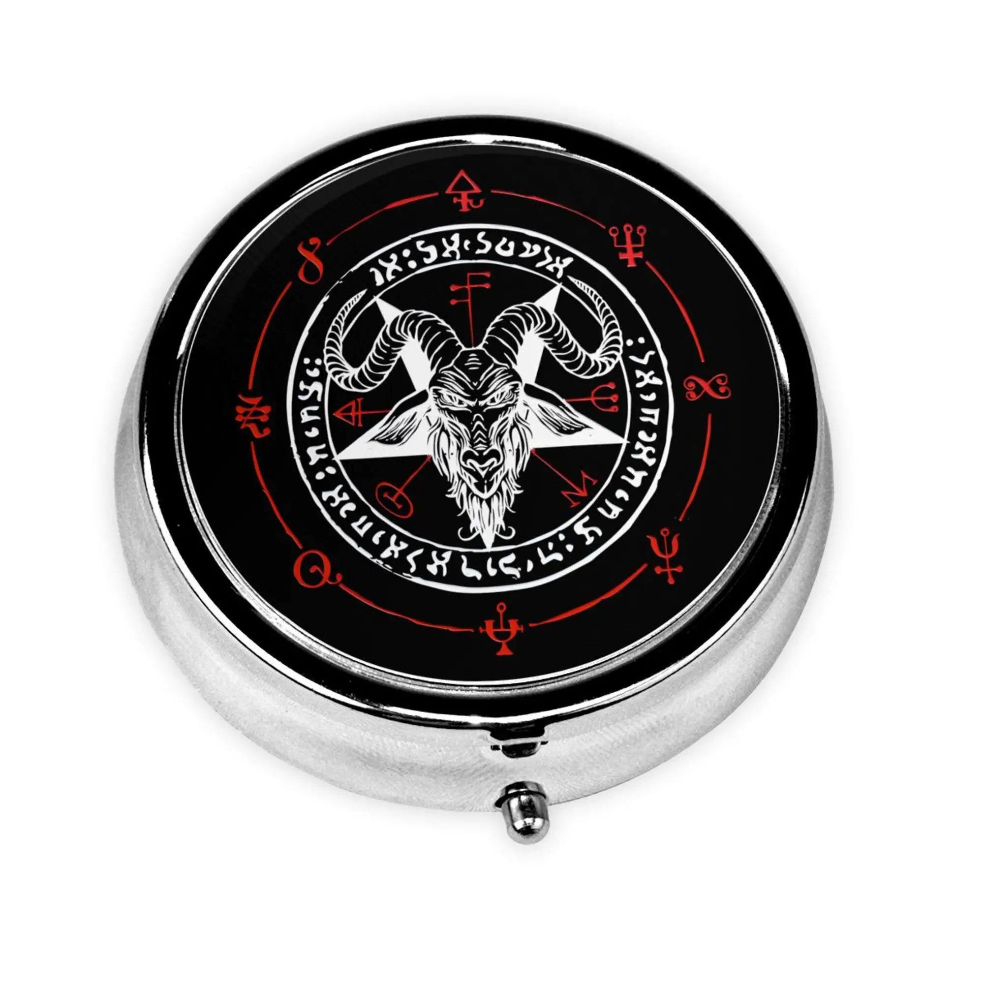 Pentagram with Demon Baphomet Satanic Goat Portable Pill Box 3 Compartment Decorative Medicine Pill Case for Pocket Or Purse