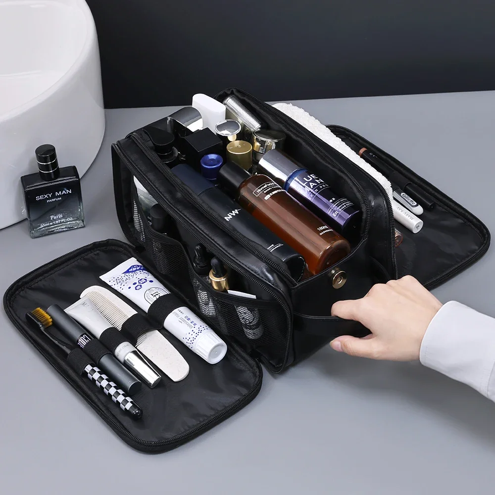 Travel PU Toiletry Bag Multi Pockets For Women Men Essentials Makeup Bag Waterproof Hanging Bag Cosmetic Washing Organizer Bag