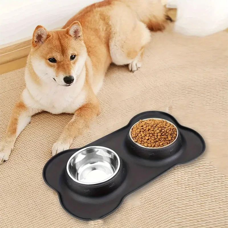 Silicone pet cat and dog bowl stainless steel double bowl anti-spill easy to clean for eating and drinking