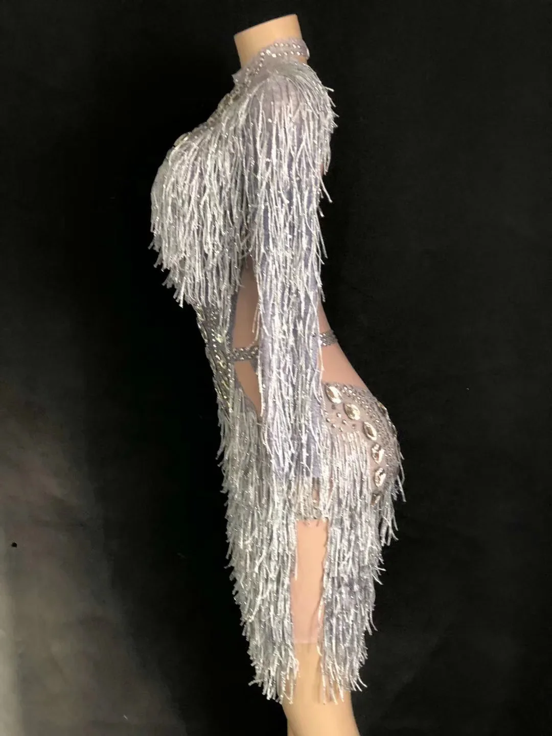 Silver Shining Tassel Crystal Rhinestones Long Sleeve Sexy Dress For Women Evening Ballroom Stage Entertainer Drag Queen Outfit