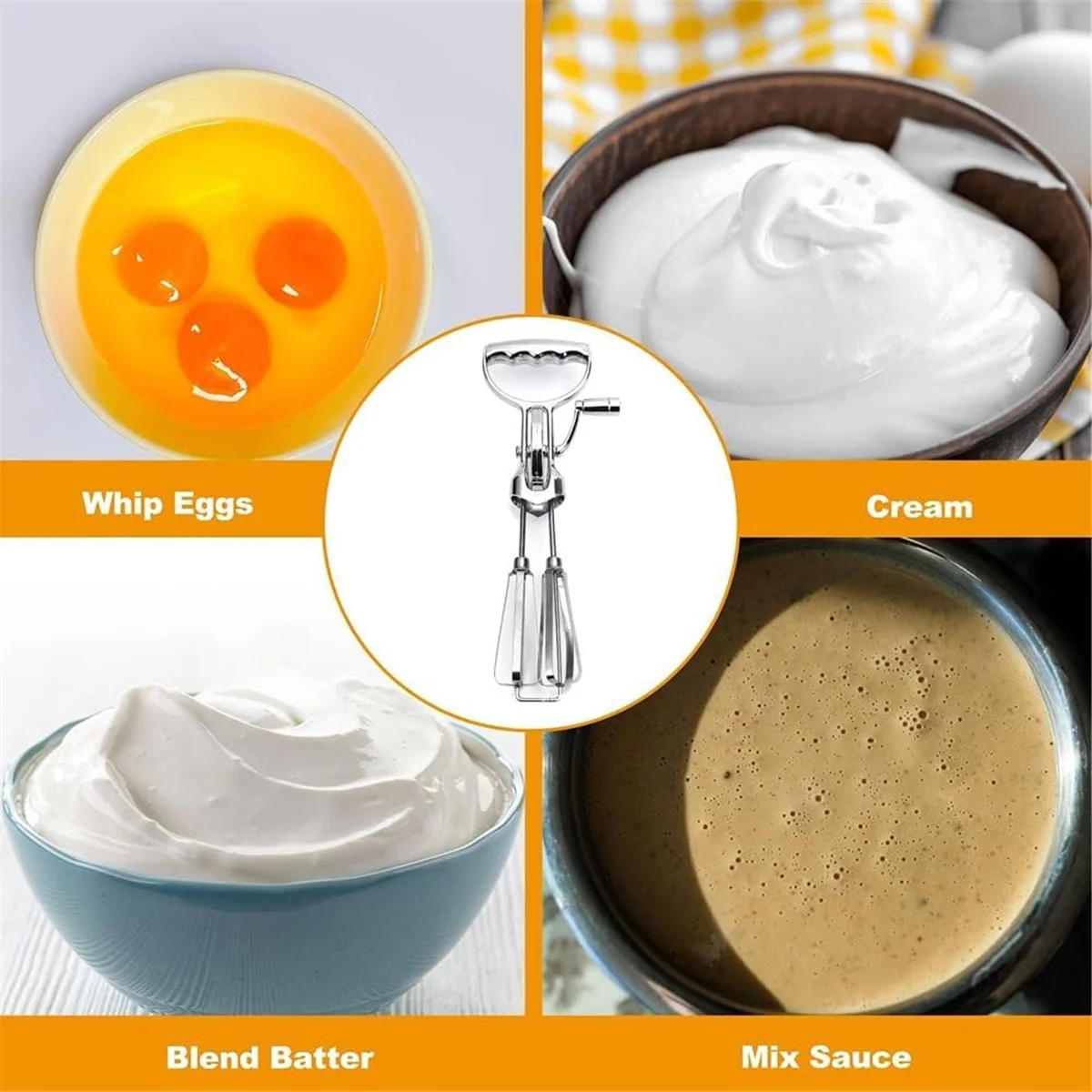 2PCS Egg Beater Hand Crank Stainless Steel Rotary Hand Whip WhiskHand Crank Egg Beater Mixer Manual Hand Mixer