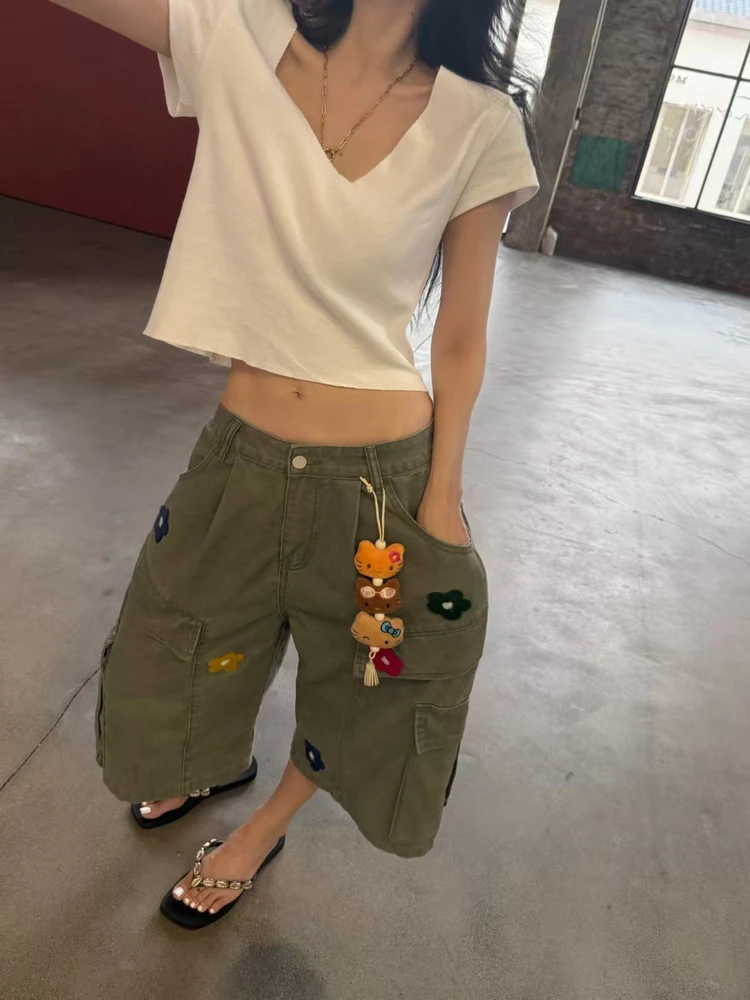 

Ретро-брюки с эффектом потертости, повседневные, с множеством карманов, для женщин, удобные, из хлопка, рабочая одежда, укороченные брюки (7/8)