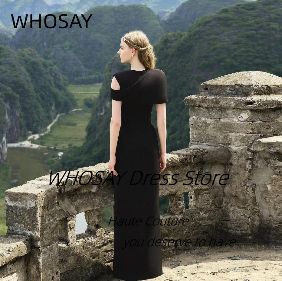 WHOSAY-vestidos negros para ocasiones especiales, cuello redondo, cristales, mangas cortas, vestido de noche, alta costura, bata de Marrige