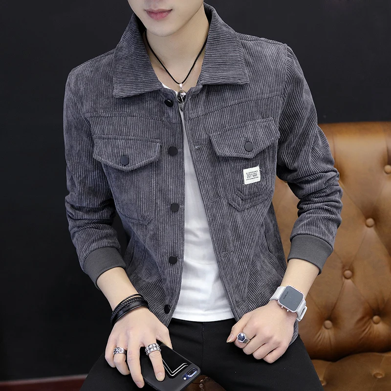 Spring Autumn Corduroy Men's Jacket Slim Fit Fashionable Collar Stand up Long Sleeve Single Button Outerwear Male Outerwear