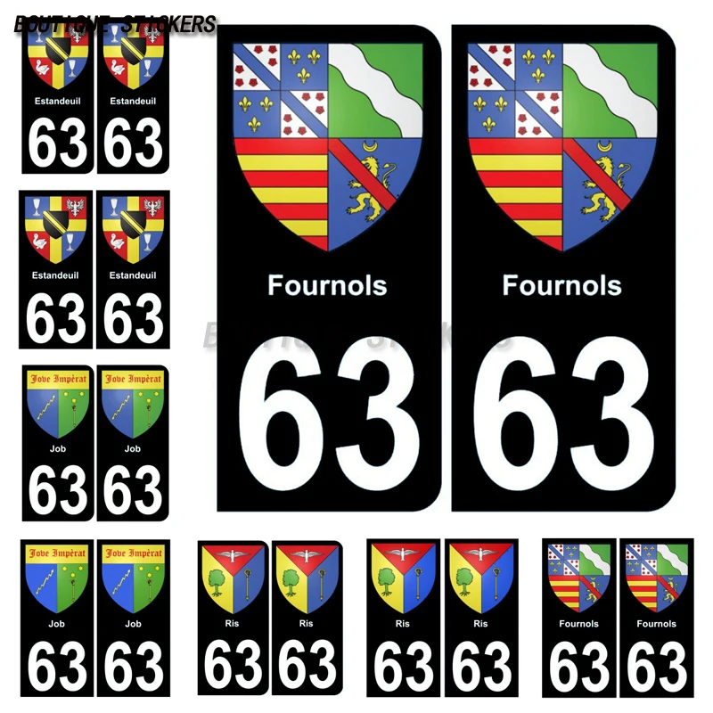 2Pcs Fine plaque d'immatriculation française autocollant noir / bleu 63 Fournols blason-Estandeuil blason-Ris blason-Job blason
