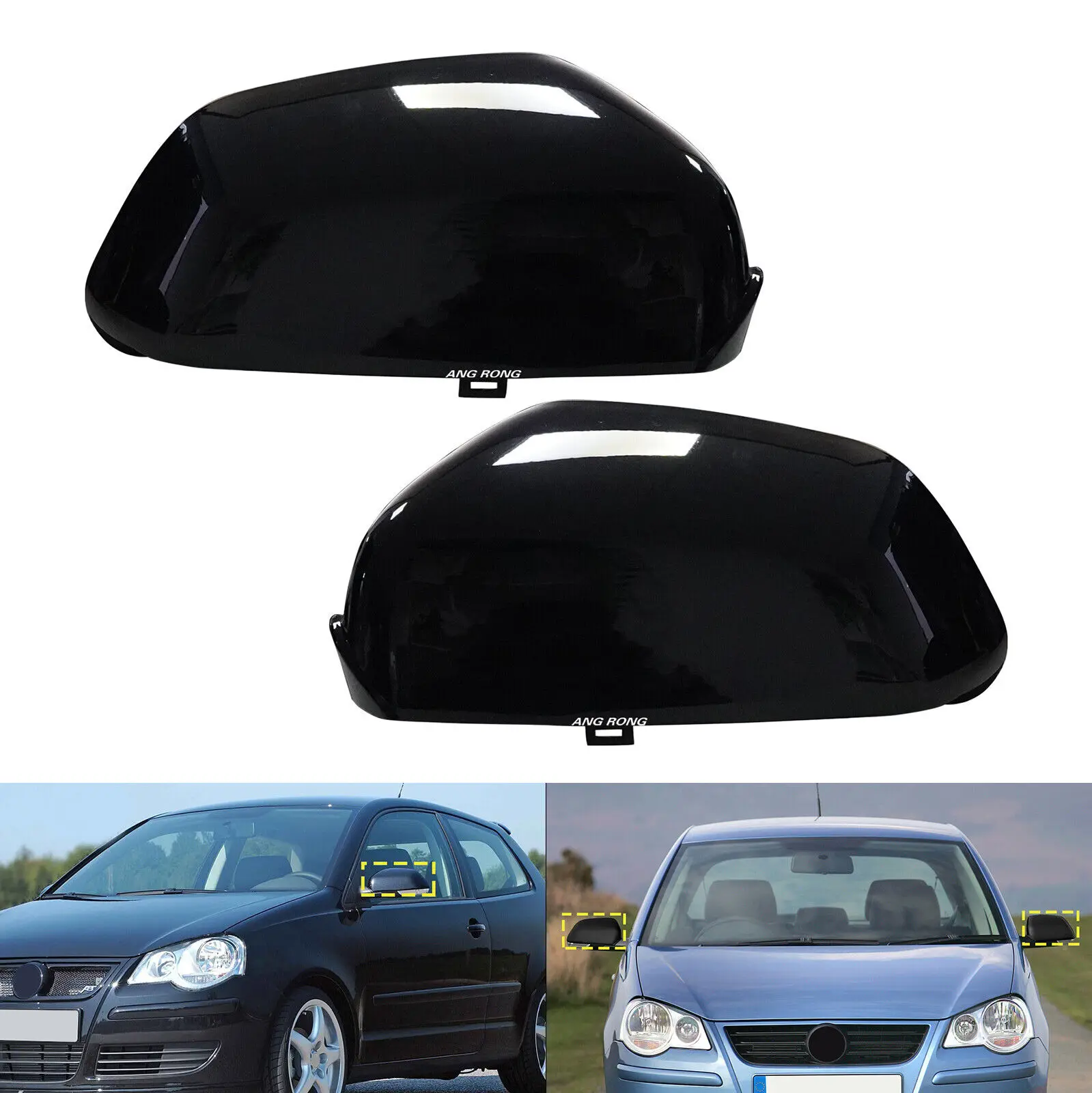 Gloss Black Wing Door Reaview Mirror Cover Caps For 2005-09 VW Polo MK4 9N Hatch