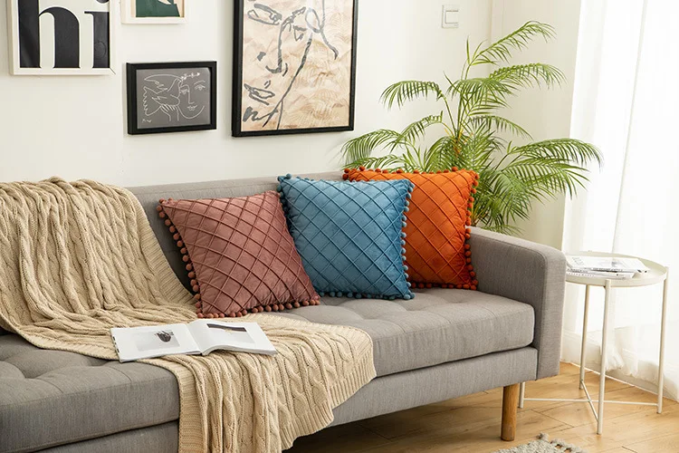 diamond grid pleated pillowcase sofa Velvet cushion cover pompom lumbar pillow cover