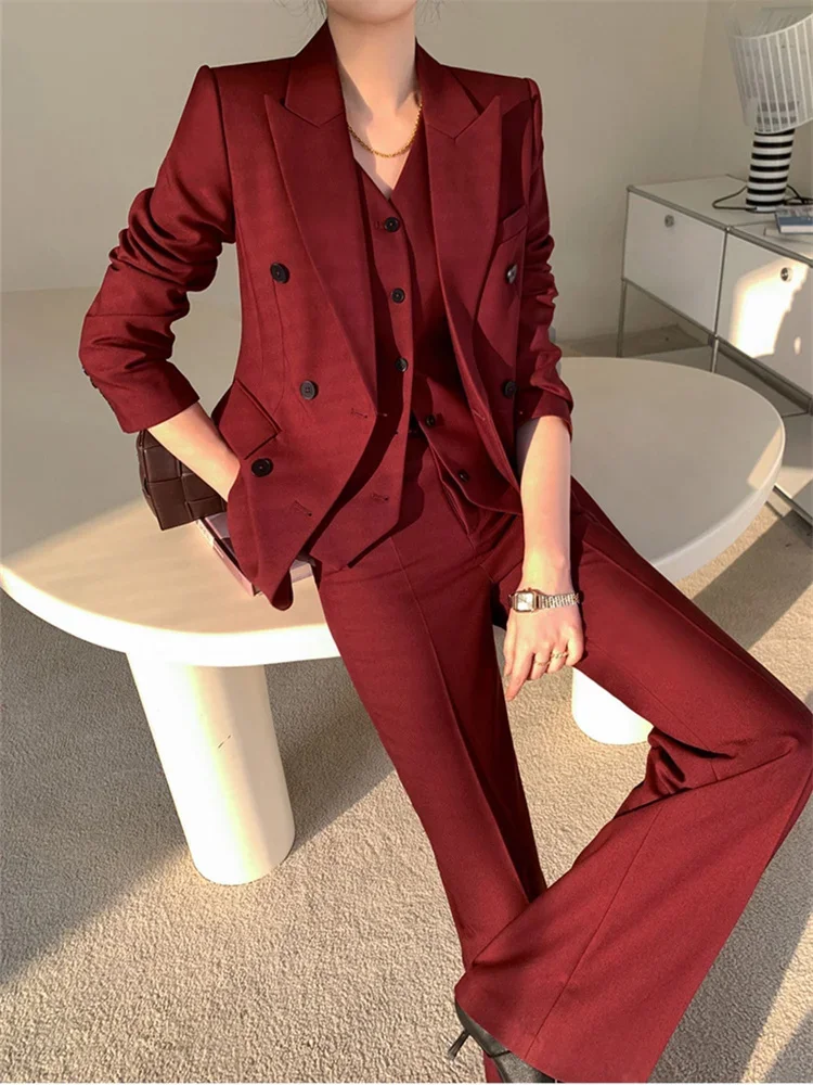 Burgundy Suit Set Women Spring 2024 Office Ladies Lapel Single Breasted Vest Wide Leg Pants Blazer Three Piece Set B257