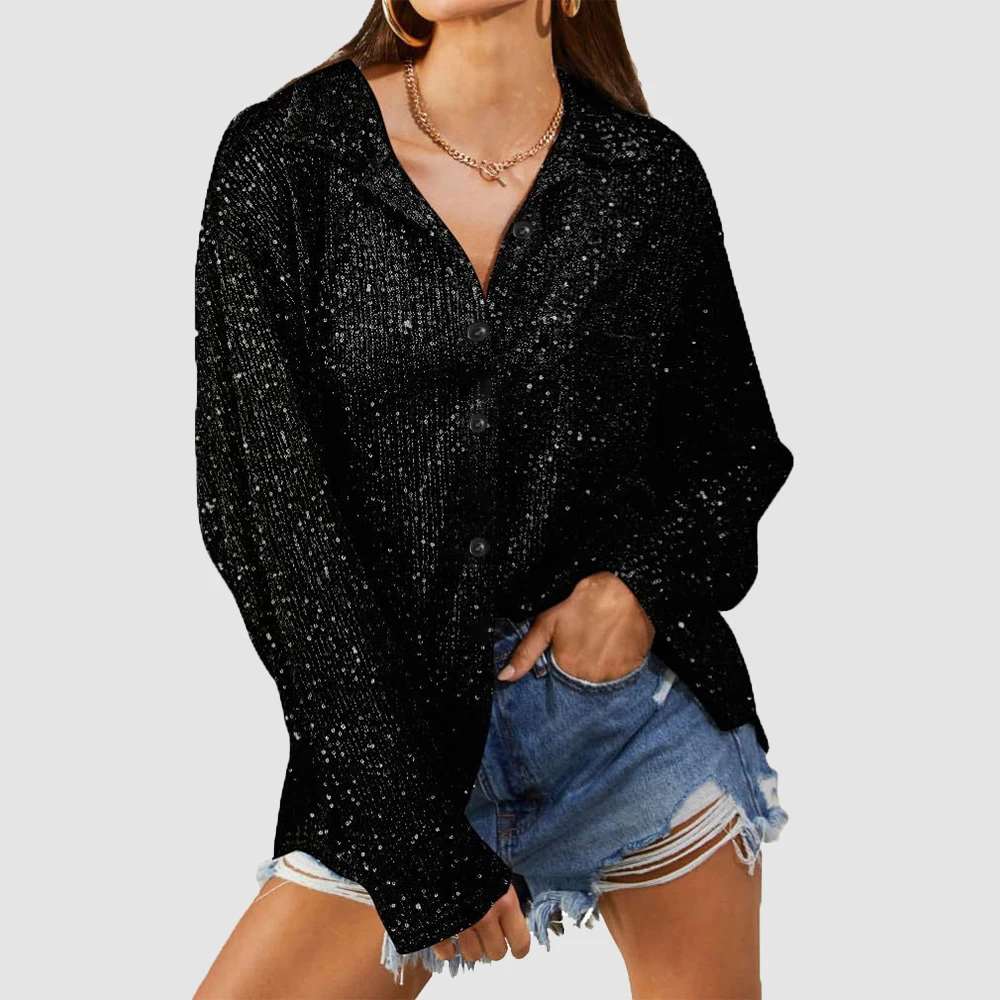 Women\'s Spring Fashion Sequin Button Casual Loose T-Shirt Clubwear Party Long Sleeve Shirt Tops Plus Size Clothing 2024