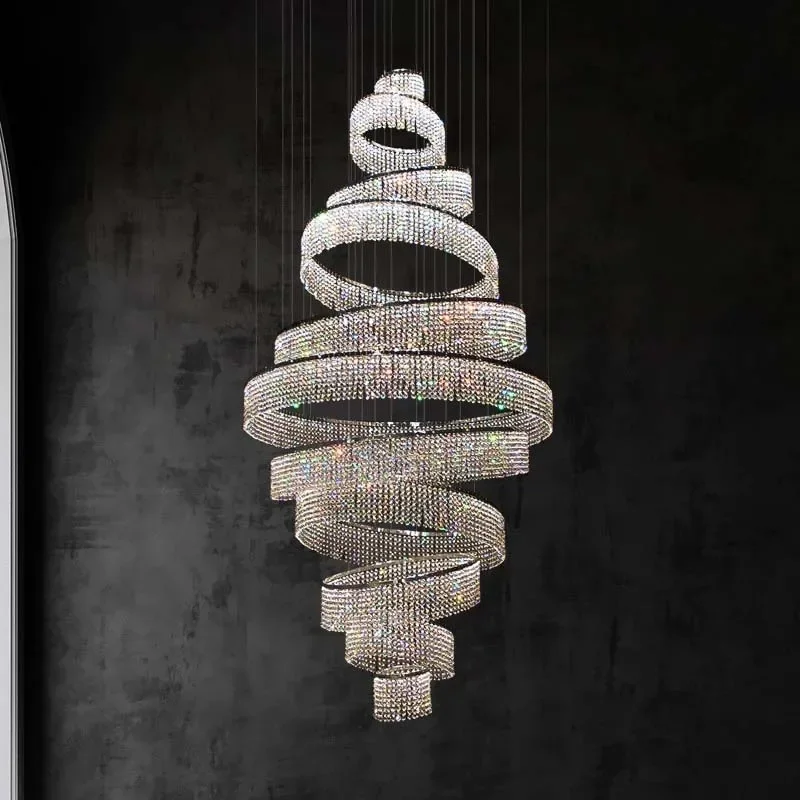 

Luxury Staircase Crystal LED Chandelier For Living Room Lobby Large Modern Ring Cristal Hanging Lighting Chrome Long Indoor Lamp