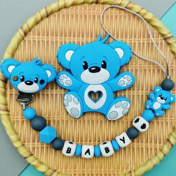 Personnalisé anglais russe Silicone lettre nom bébé ours Silicone perles pendentif sucette Clips chaînes dentition bébé Kawaii jouet cadeaux