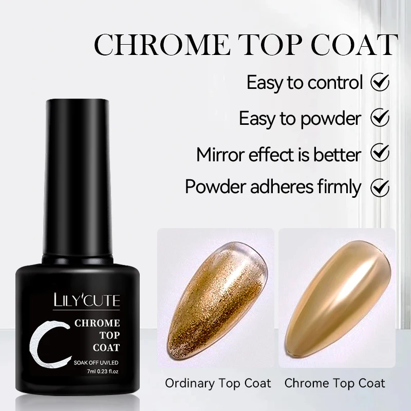 LILYCUTE 7 مللي معطف فوقي من الكروم نقع قبالة الأشعة فوق البنفسجية هلام شبه دائم طلاء الأظافر مرآة معدنية بريق مسحوق مانيكير جل وظيفي #1