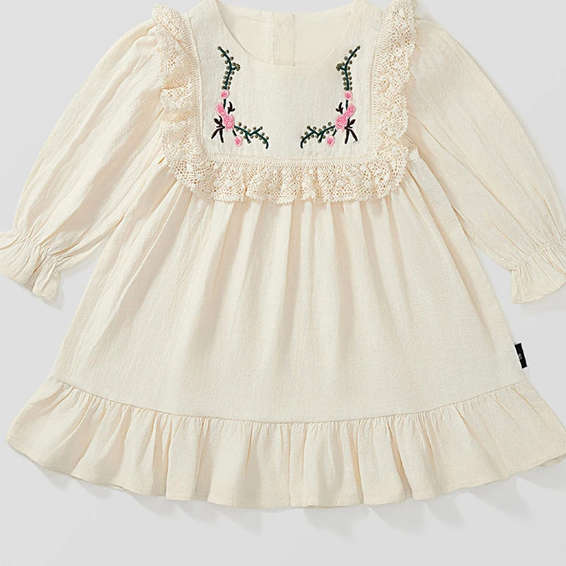 Spring Girl\'s Embroidered Dress 2023 Autumn New French Lace and Bubble Sleeves Countryside Baby Princess Dress Children Clothing