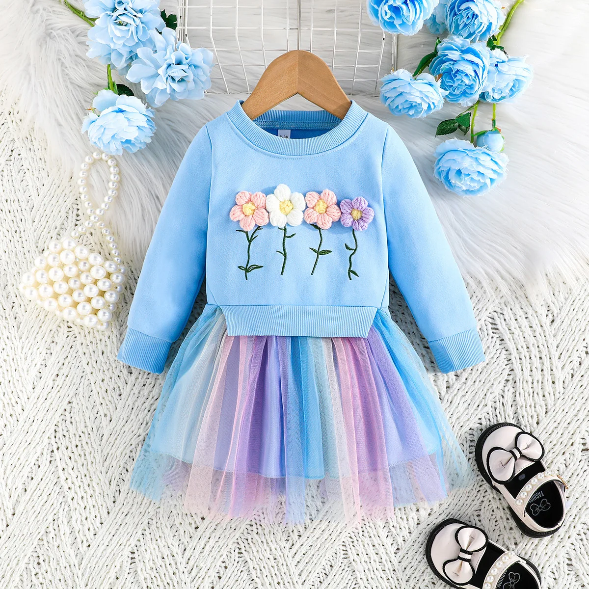 

Winter 2024 Girls Dress Girls Long Sleeve O Neck Flowers Mesh Blue Skirts Cute Preepy Look Birthday Party Dresses Vestidos 6M-3T