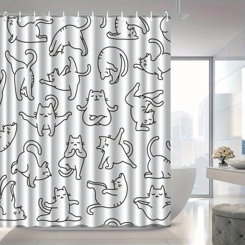 VIKAMA Minimalistischer, niedlicher Katzen-Duschvorhang, wasserdichtes Polyester, Badezimmer-Dekoration, hochwertiger, eleganter Vorhang