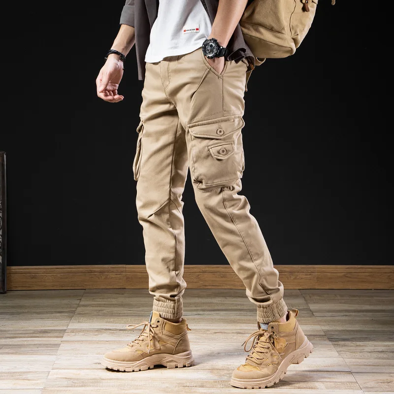 Winter Velvet Overalls Pants Men's Trendy  Multi-bag Cargo Pants Khaki Spring  Autumn Slim Versatile Camouflage Casual Pants