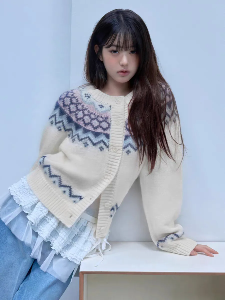 レディースニット花柄オープンカーディガン エスニックスタイル デイリーウェア 中程度の柔らかさ 長袖 丸首 暖かさを提供