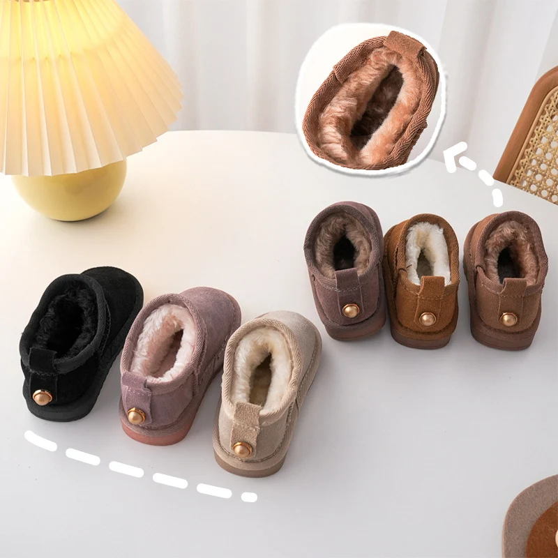 Bottes de neige en cuir de vachette véritable pour enfants, chaussures en coton doux et chaud pour bébé avec peluche, bottes en daim à une fourrure, botte de princesse rétro pour garçons et filles, hiver