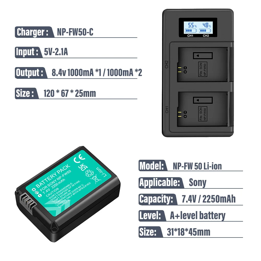 Batteria per fotocamera PALO 2250mAh NP-FW50 NP FW50 + caricabatterie USB LCD per fotocamera Sony Alpha a6500 a6300 a6000 a5000 a3000 NEX-3 a7R