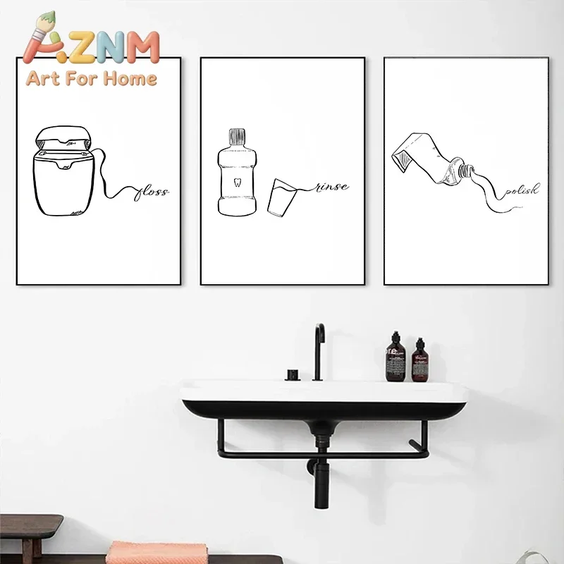 AZNM Black White Line Art Dental Care Canvas Wall Art Floss Rinse Polish Sketch Print Minimalist Bathroom Decor Unframed Paintin