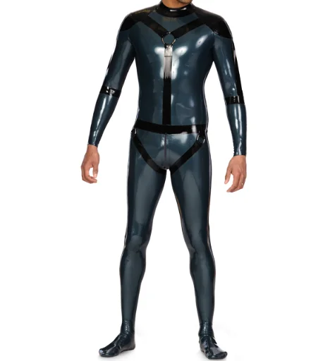 

100%Latex Rubber Dark blue men's loose Jumpsuit racing uniform party role play black decoration superior quality 0.4mm XS-XXL