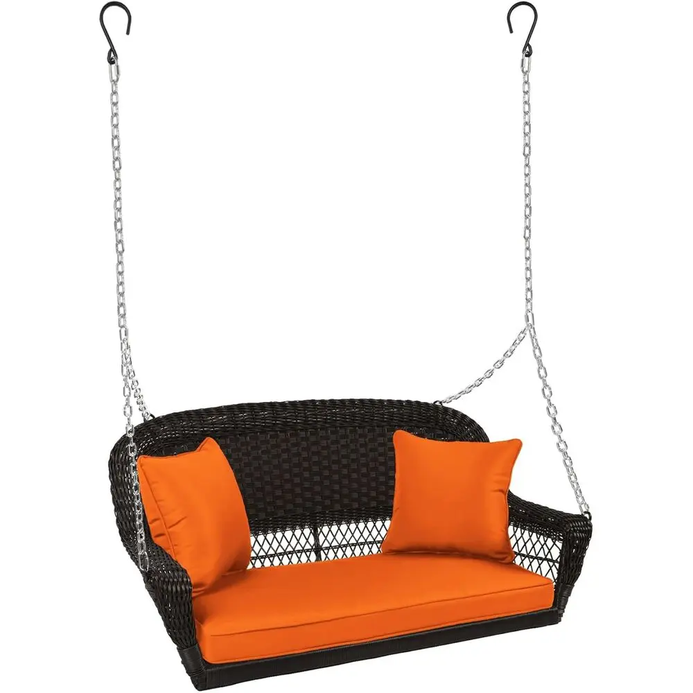 

Оранжевые плетеные качели для веранды с мягкими подушками