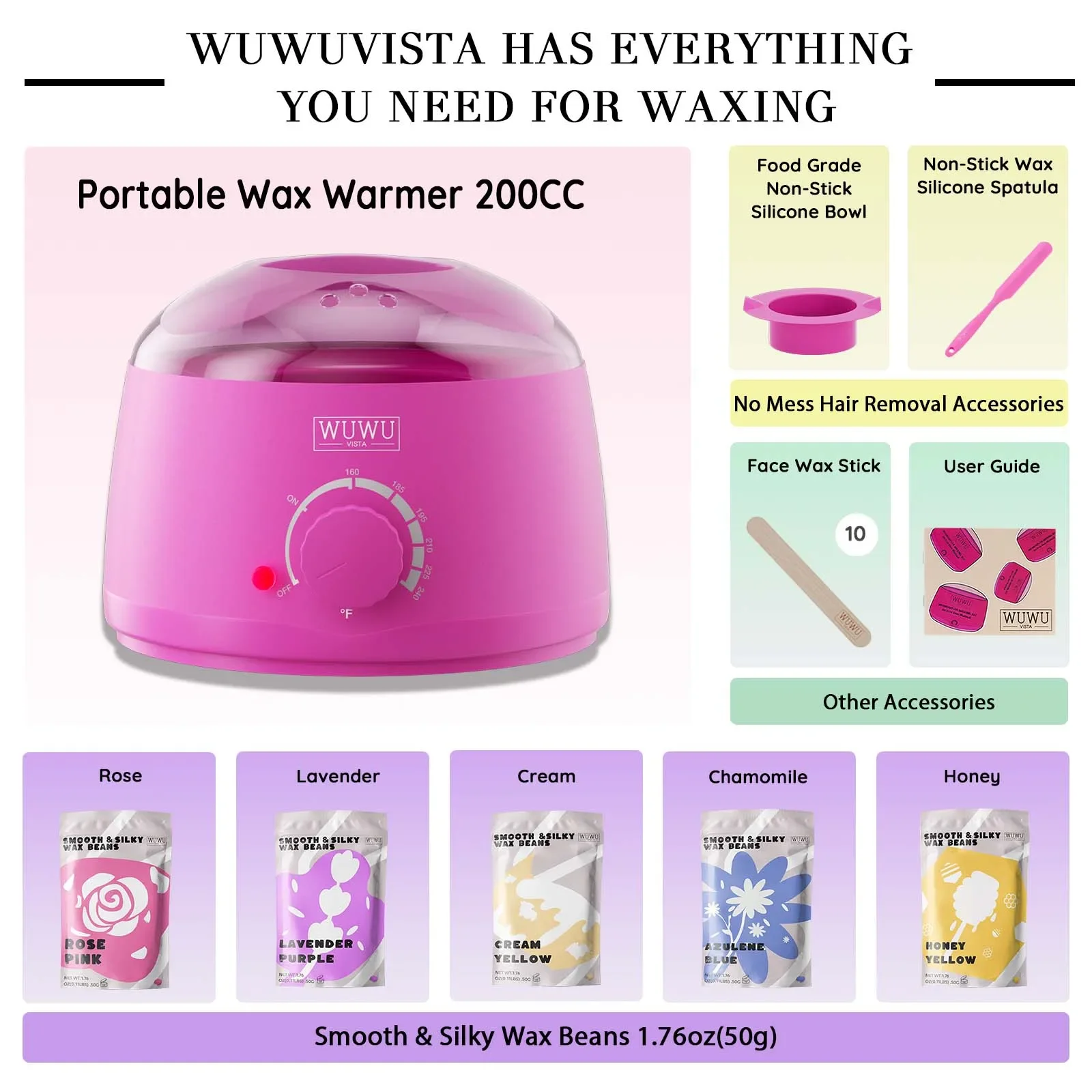 Waxing Kit EU Plug(19 items) WUWUVISTA Hair Removal Wax Kit Wax Melt Warmer Waxing Beads Face/Brazilian/Full Body/Bikini