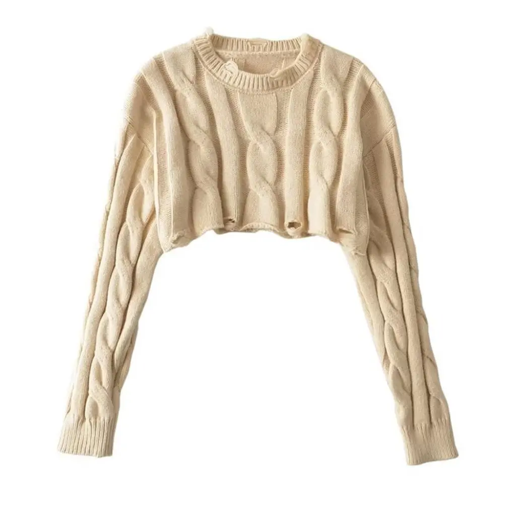 

YPFF Women's Retro round Neck Twist Sweater European American Style Loose Lazy Pullover with Rips Short Length Open Cardigan