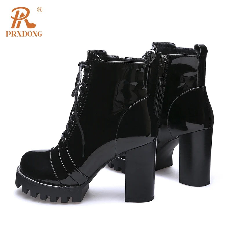 PRXDONG New Classics Patent Leather Chunky High Heels Platform Shoes Woman Ankle Boots Lace Up Dress Party Autumn WInter 34-42