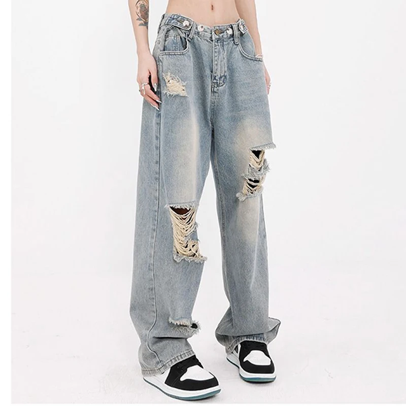 Washed and Distressed Jeans for Women 2024 Fashion Loose Casual Pants High Waisted Distressed Jeans Women's clothing