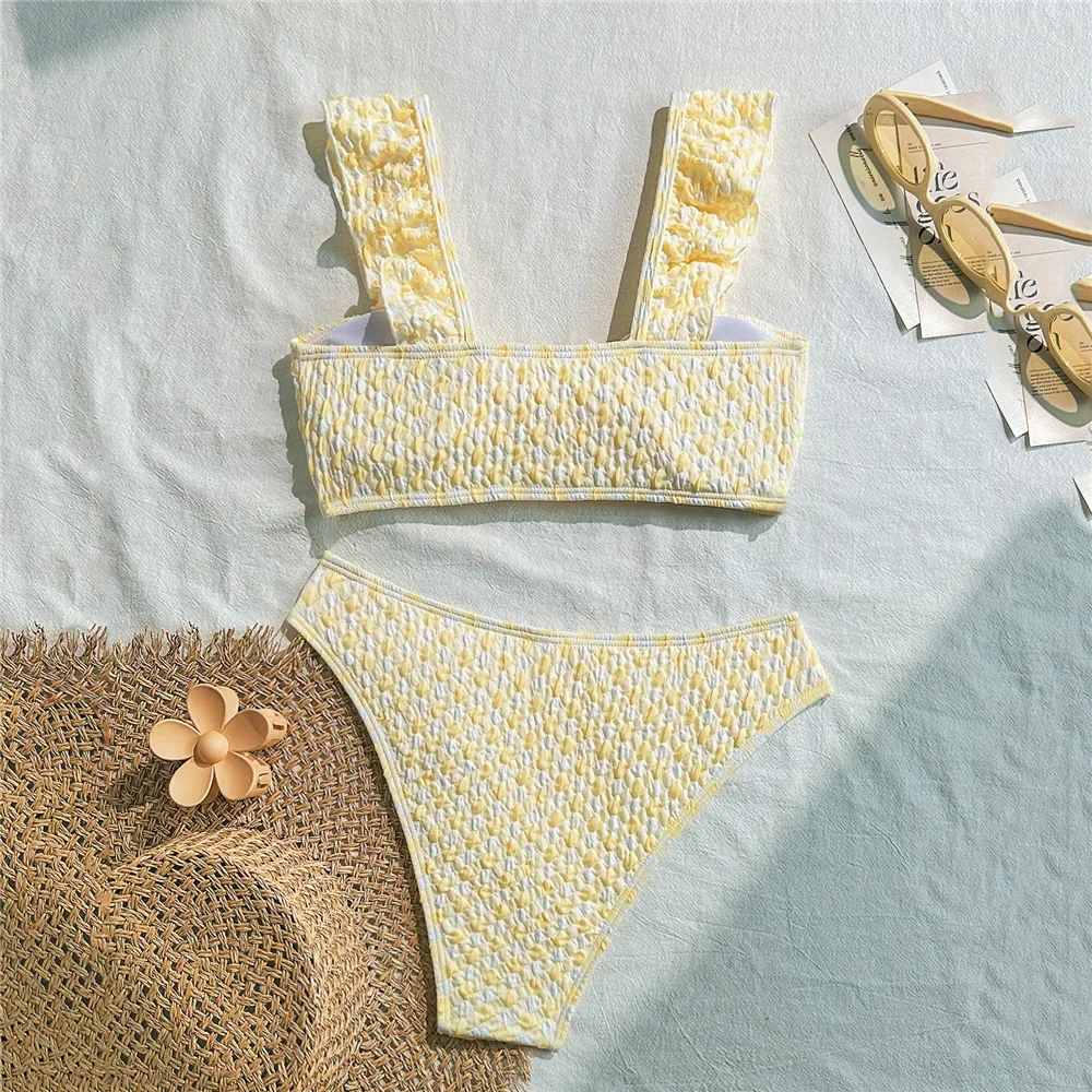 2025 フロント弓プッシュアップセクシーなビキニフリルストラップ水着黄色のチェック柄水着女性 2025 水着ビキニセット Biquinis