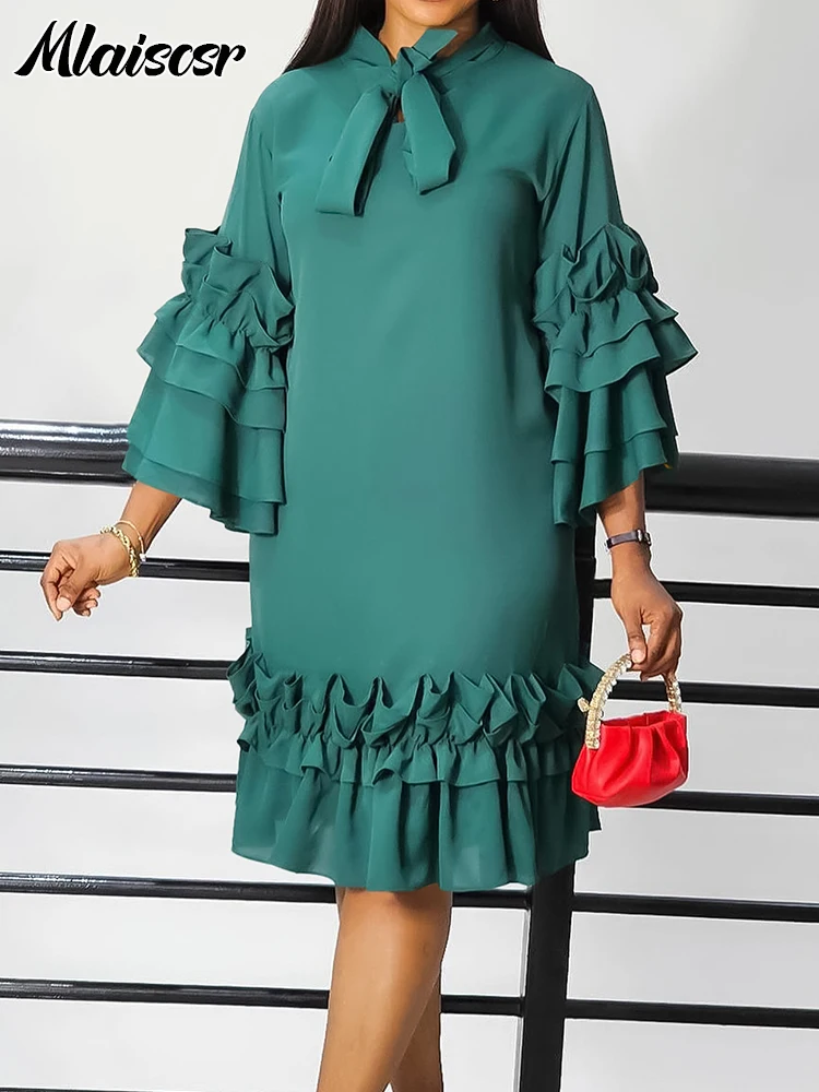 

Mlaiscsr New Bow Collar Ruffles Sleeve Straight Green Mid Dress Women Clothing Formal Office Birthday African Prom Vacation Robe