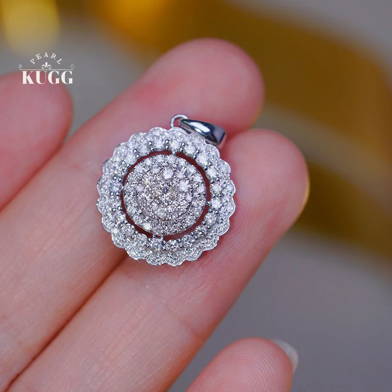 KUGG 18K White Gold Necklace Luxury Round Design 0.80carat Real Natural Diamond Pendant Necklace for Women High Wedding Jewelry