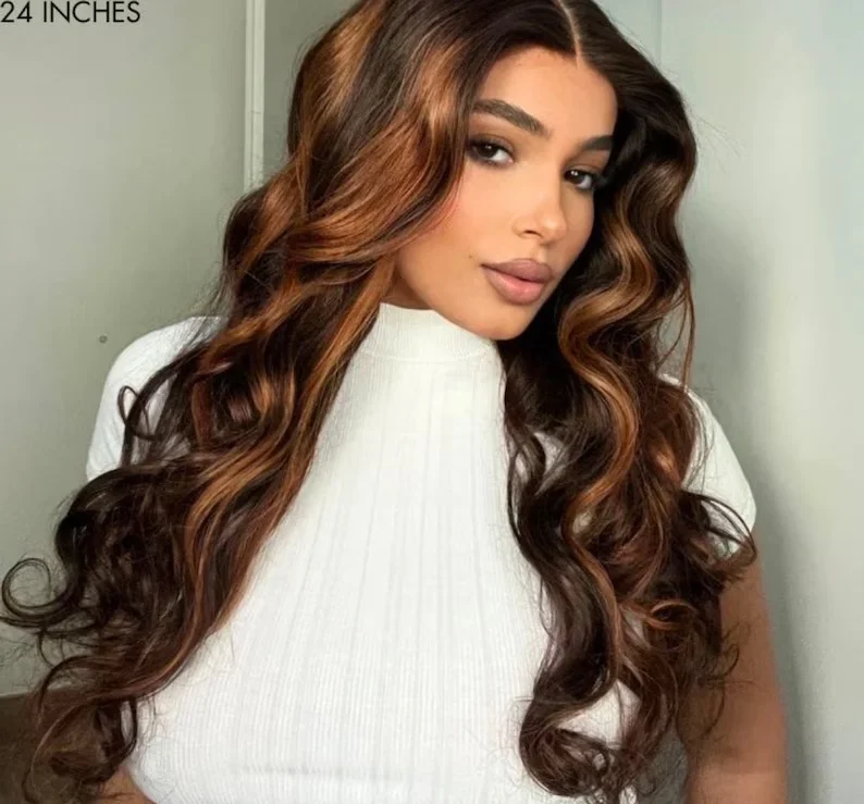 28'' Soft Long Glueless Highlight Brown Body Wave 5x5 Silk Base Jewish Human Hair Wig BabyHair HD Lace European Hair Preplucked