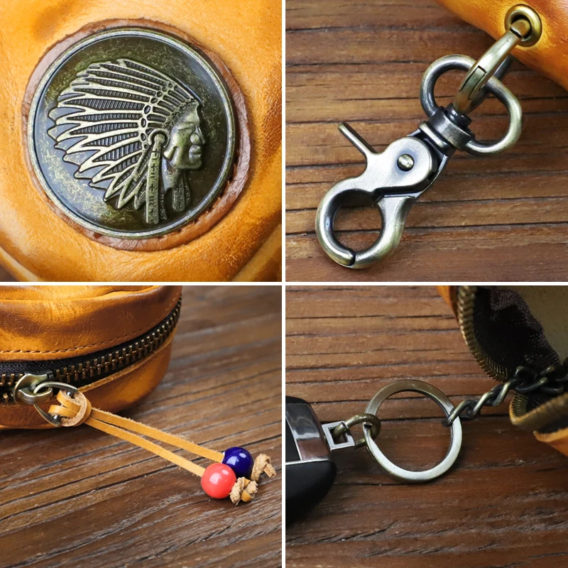Handmade Genuine Leather Smart Key Bag Small Mini Zipper Housekeeper Key Coin Purse Portable Organizer Bag Money Bag