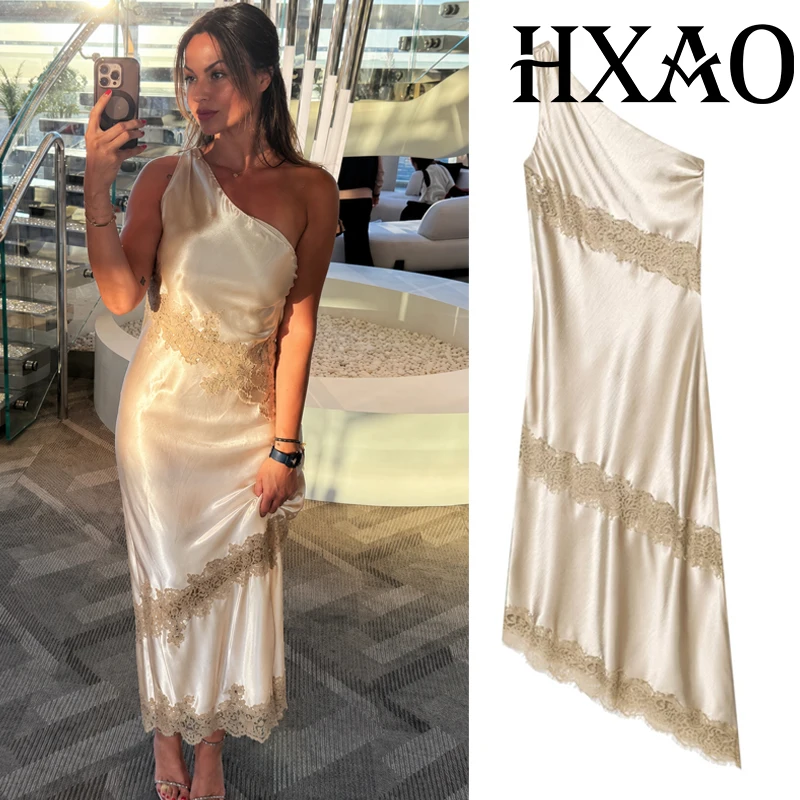 HXAO Einschultriges Satinkleid für Damen Sommer 2026 Asymmetrisches Spitzenkleid Ärmellos Rückenfrei Elegantes Partykleid