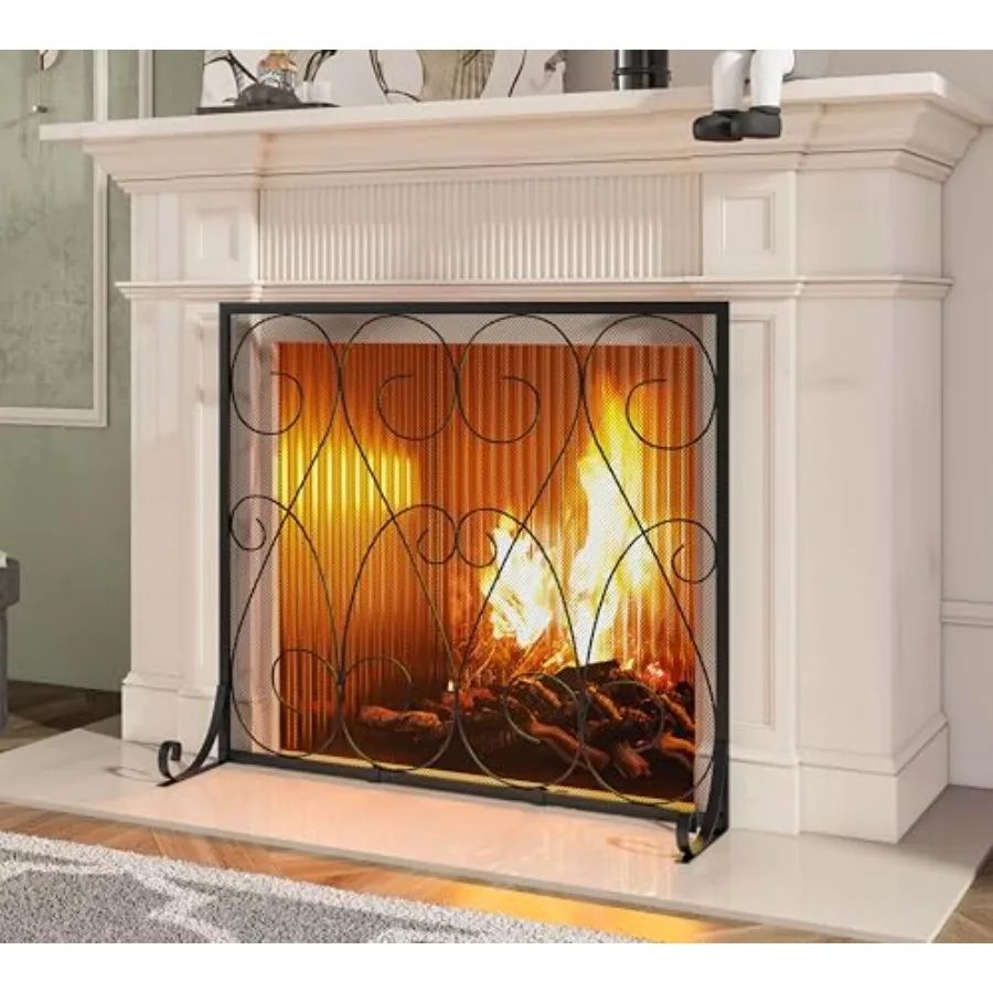 

Single Panel Handcrafted Wrought Iron Symmetric Scroll Flat Fireplace Screen with Sturdy Steel Frame Durable Metal Mesh Decorat