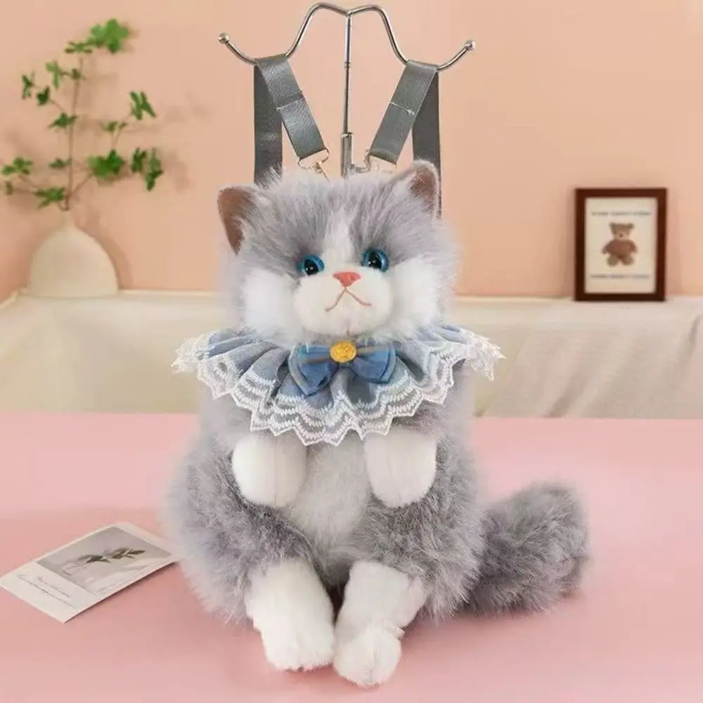New Realistic Cat Simulated Puppet Cat Backpack Soft Fluffy Cute Cartoon Doll Backpack School Bags Travel Storage