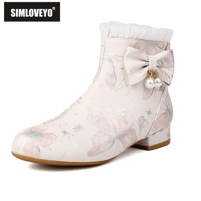 SIMLOVEYO Traditional Design Embroidered Ankle Boots Round Toe Bow 2.5cm Block Heel Big Size 42 43 US12 Pink Black