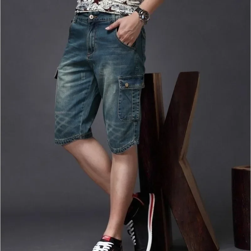 

Straight Slim Skinny with Pockets Men's Short Jeans Pants Long Male Denim Shorts Bermuda Half Sale Streetwear Xl Stretch Luxury