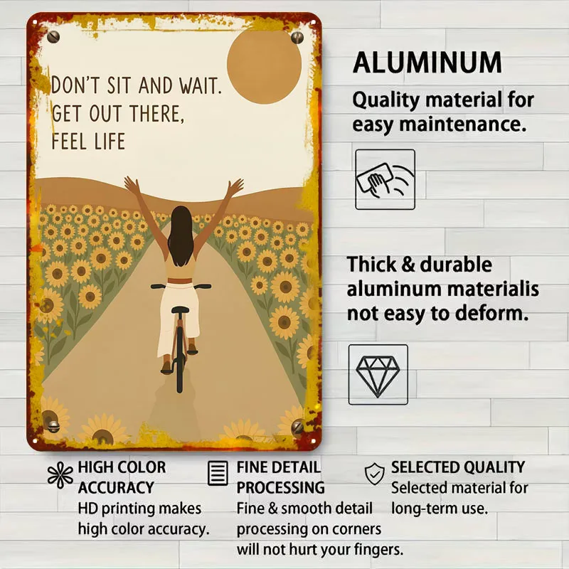 يشعر بالحياة: امرأة ركوب الدراجات من خلال عباد الشمس علامات معدنية ركوب الدراجات ملصق غرفة نوم الديكور غرفة المعيشة ديكور الرجال القهوة بار الرجعية