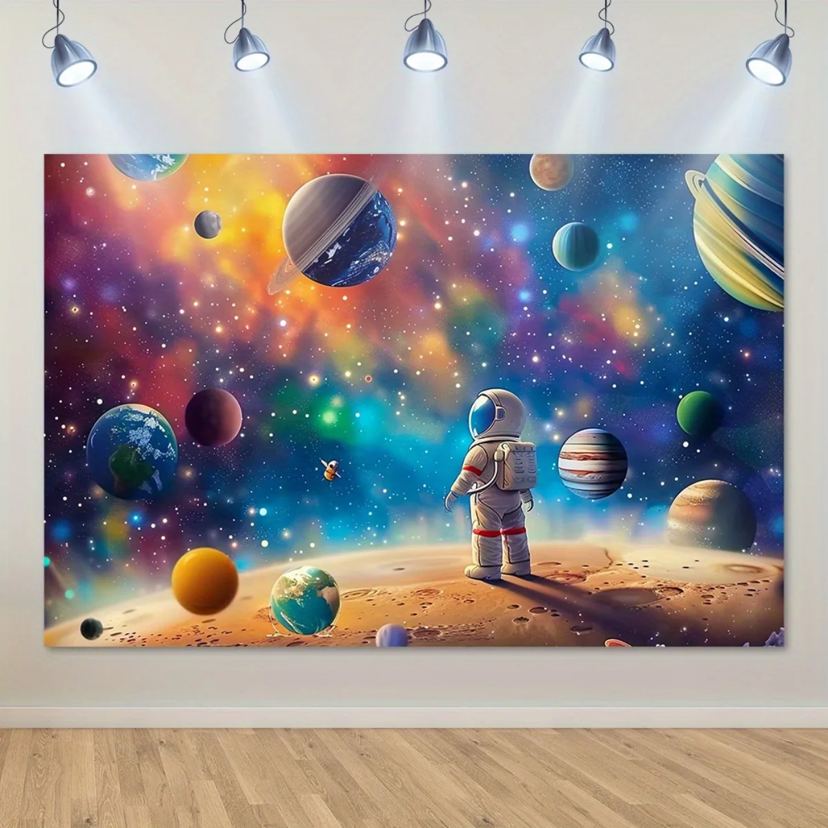Ein großer Wandteppich mit Astronauten und dem Planetenengelmacht im Weltraum-Thema