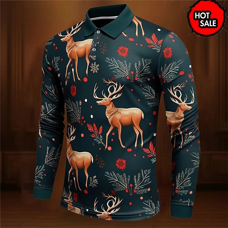 

Fashion Funny Men Christmas Vintage Polo Shirts Autumn Button Casual Long Sleeve Tops Clothes Polo T Shirt Man Cool High Quality
